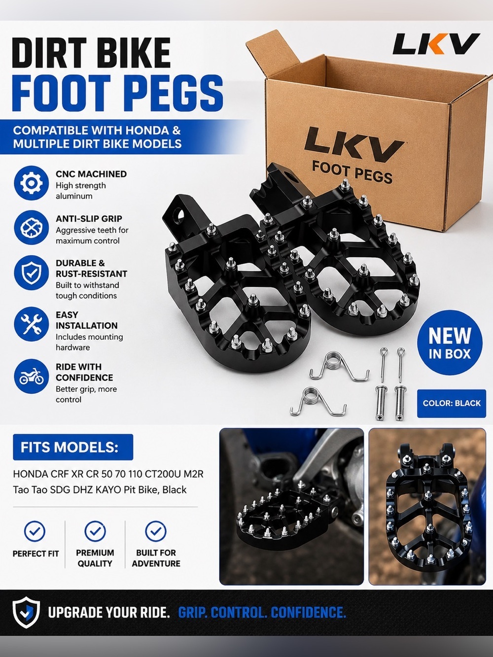 LKV Black motorcycle / Dirt Bike Foot Pegs - Heavy-Duty Anti-Slip